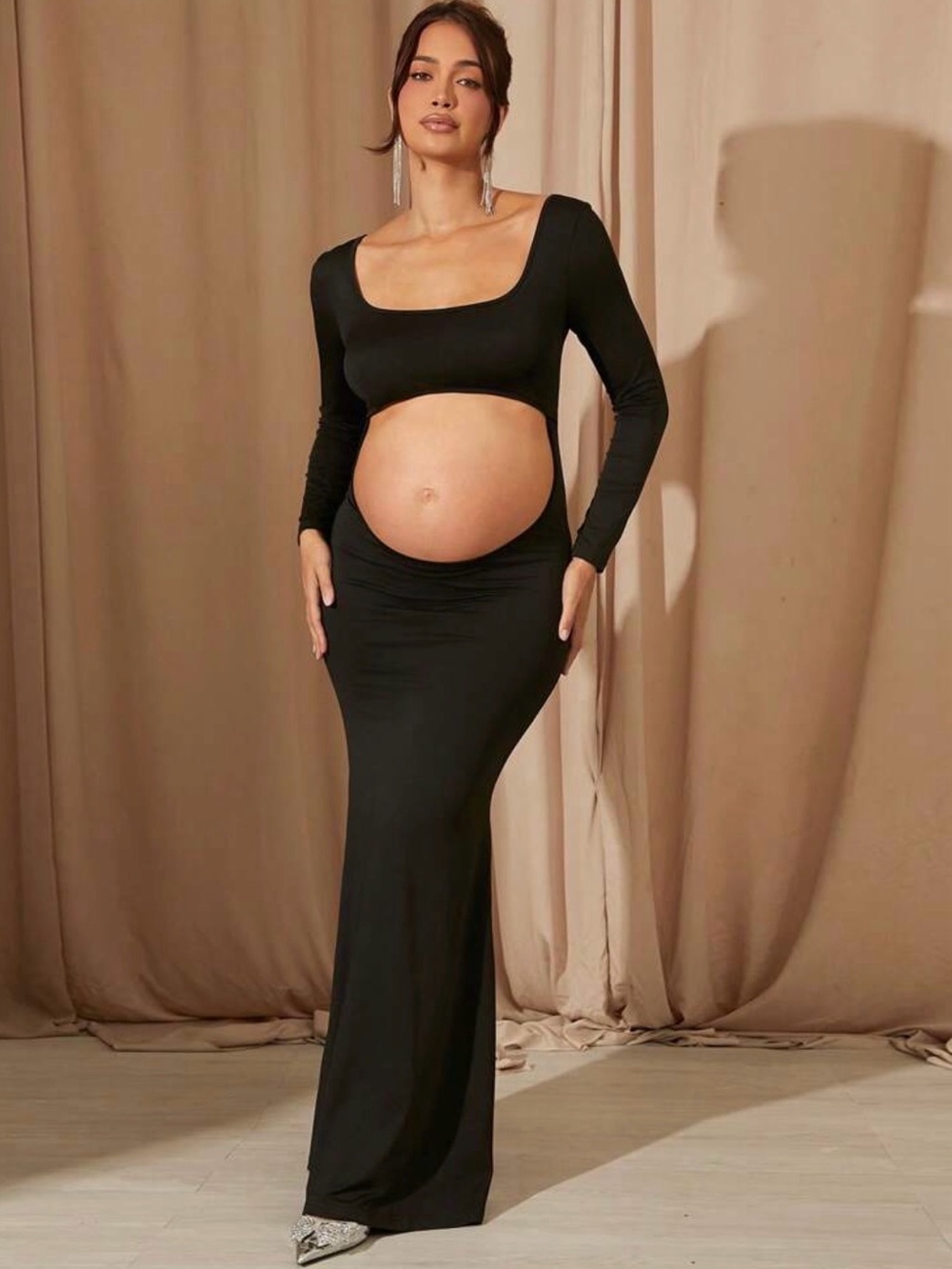 Maternity Cutout Long Sleeve Black Maxi Dress